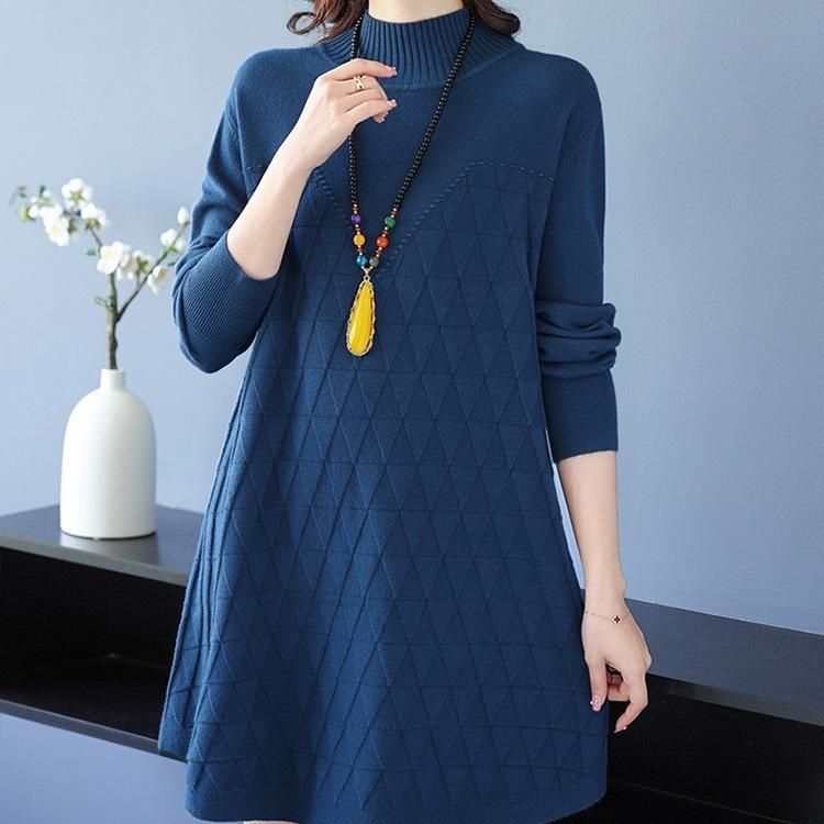 Half Turtleneck Knitted Dress for Women In Autumn and Winter Long-sleeved Mid-length Sweater Loose and Casual Pullover