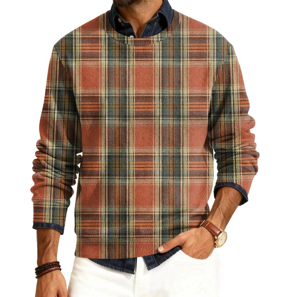 Męski sweter z okrągłym dekoltem, długim rękawem i prążkowanej dzianiny