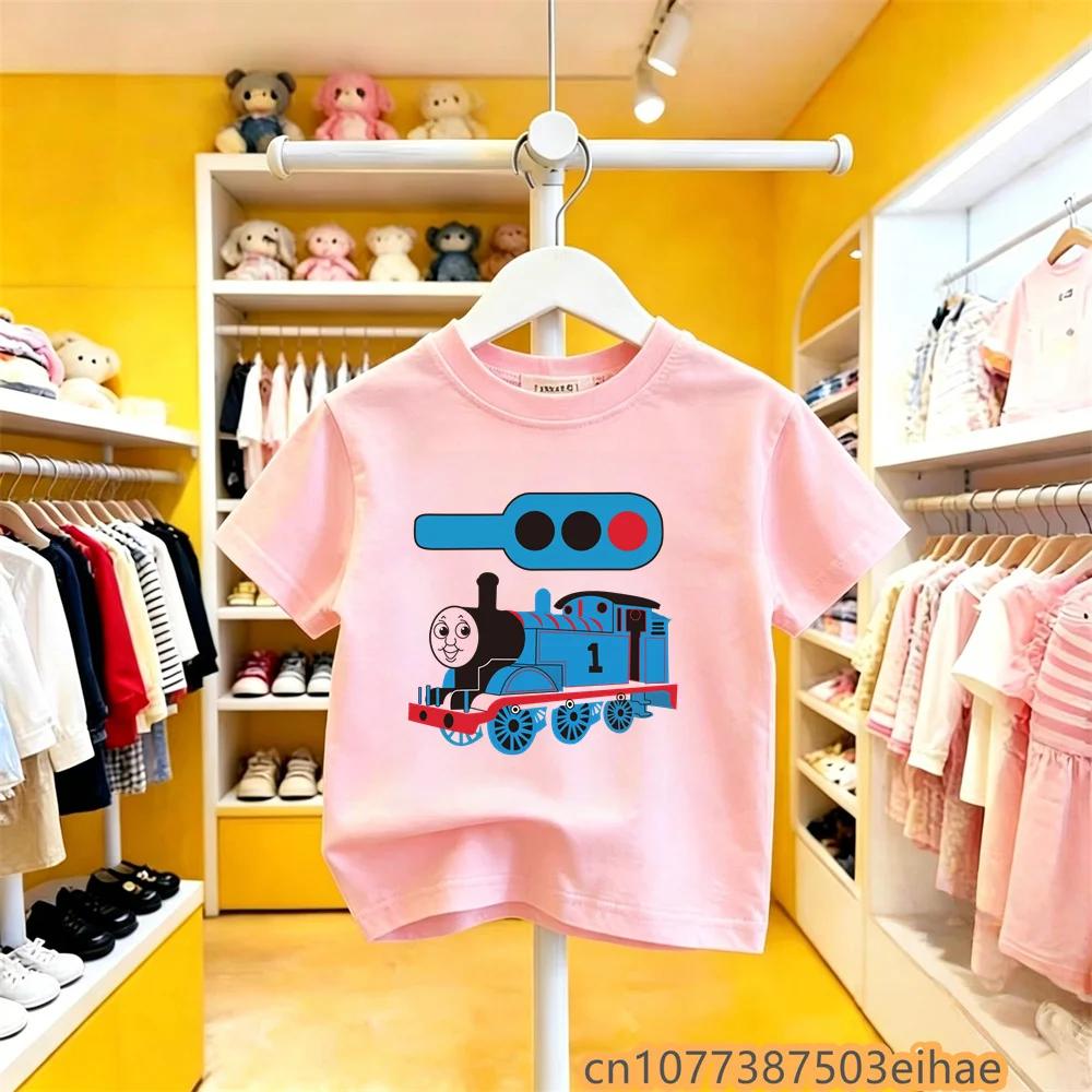 Summer Outdoor Tshirt Toddler Kids Thomas Train Cartoon Print Pure Cotton Short Sleeve Y2K Cute Fun Trendy Apparel