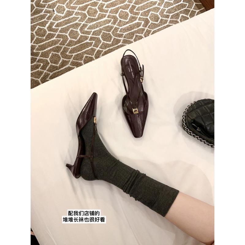 

Jingquan Fumei~ Square head small gold buckle eel pattern kitten heel empty sandals female summer 40