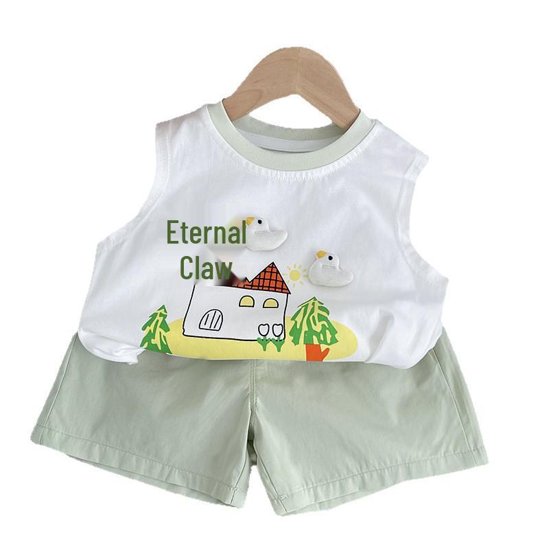 Korean Style Baby Vest & Shorts Set - Summer 2026 New Arrival, Super Cute Cartoon Design for Boys & Girls
