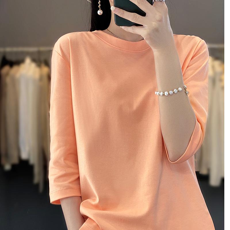 Spring and Summer Women Cropped Sleeve Female Round Neck Loose Cotton Short Sleeve Bottoming T-Shirt