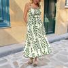 2026 Summer Green Leaf Print Spaghetti Strap Dress: Fresh Seaside Vacation Style