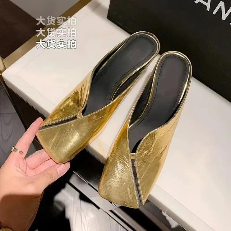 Fashion Square Toe Shallow Mules Stiletto High Heel Sexy Elegant Women's Slippers Golden Solid Genuine pu Casual Outdoor