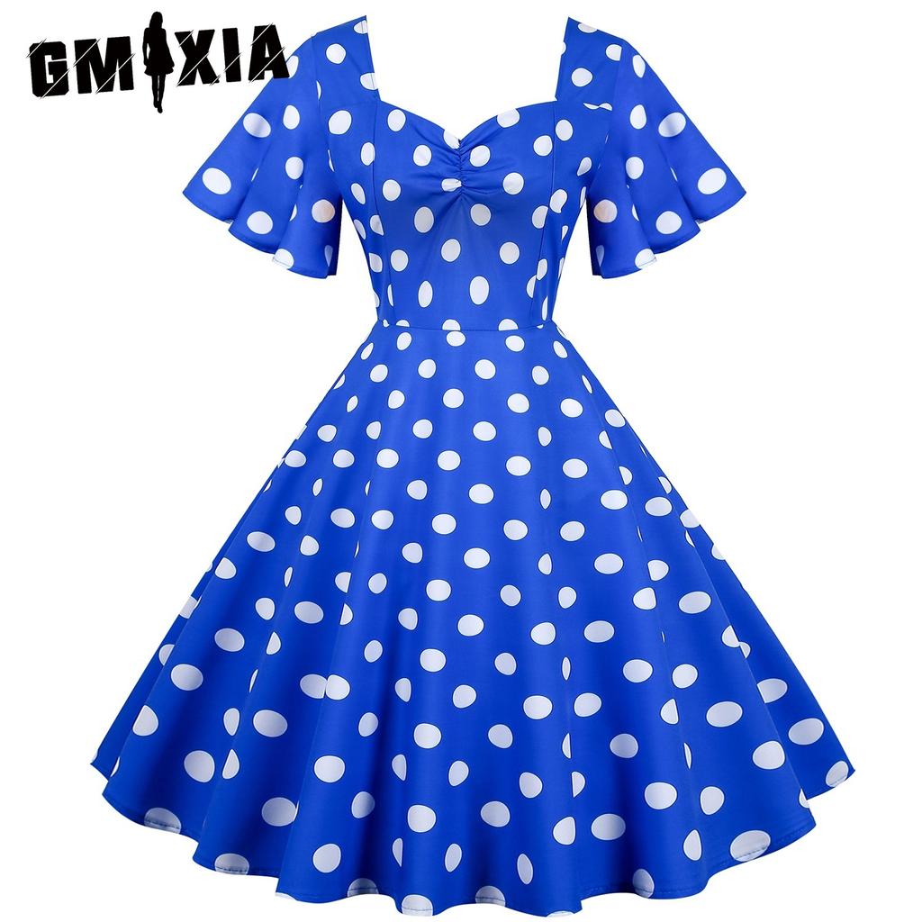 GMXIA Women's Dress Retro Travel Style Annual Meeting Skirt Wave Short Sleeve Dot Mid-length Skirt