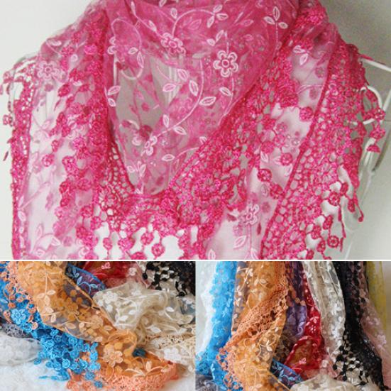 Lady Fashion Hollow Tassel Lace Rose Floral Scarf Triangle Shawl Wrap Gift