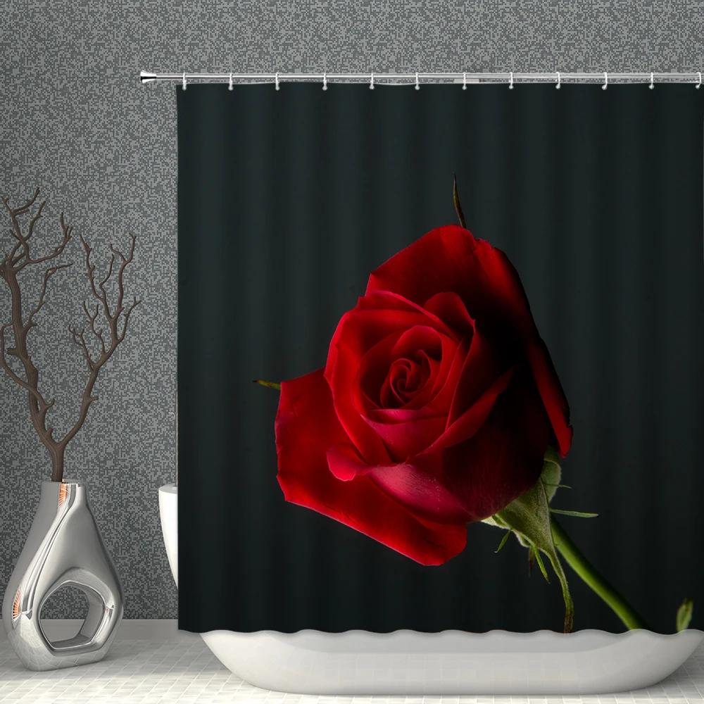 Rose Shower Curtain Set Romantic Valentine's Day Flower Waterproof Polyester Cloth Curtains Bathroom Home Decor With Hooks
