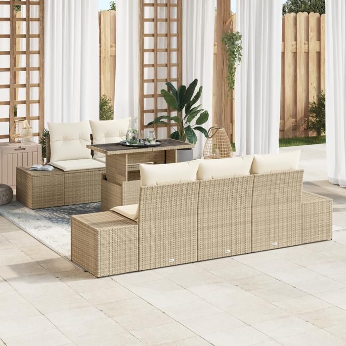 VidaXL Ensemble de Canapés de Jardin 6 Pièces avec Coussins Beige Poly Rattan 3349097