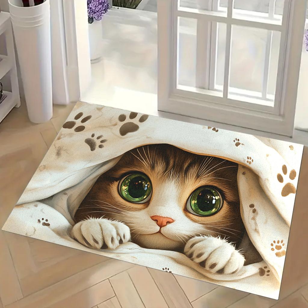 1Pcs  Cute Cat Design Pattern Floor Mat Modern Kitchen Polyester Rug Non-Slip Colorful Indoor Carpet, For Home Bathroom Bedroom Living Room Decor