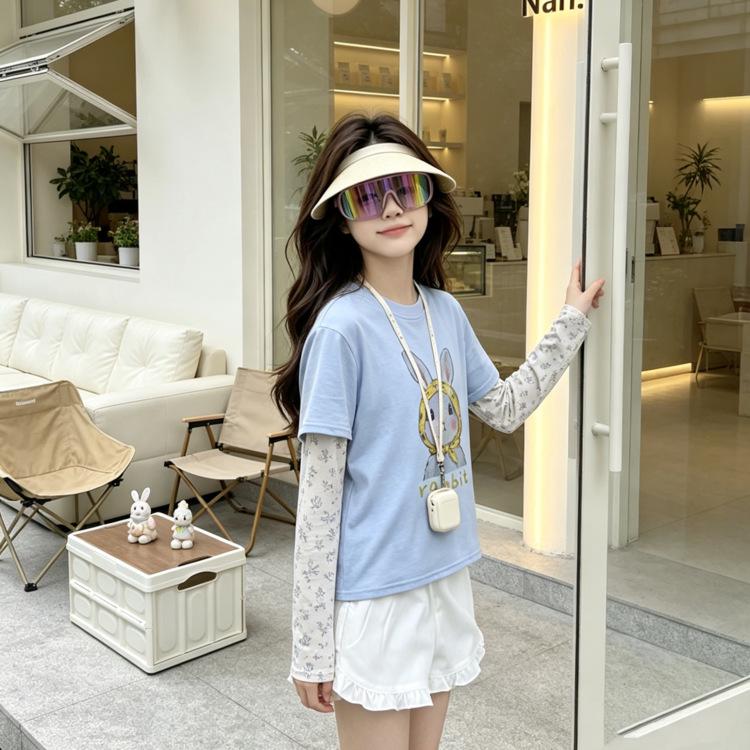 2026 Girls Cartoon Long-Sleeve Top - Spring/Autumn Casual Fashion, Breathable, Fake Two-Piece Design Size 120 (Height ~110cm)
