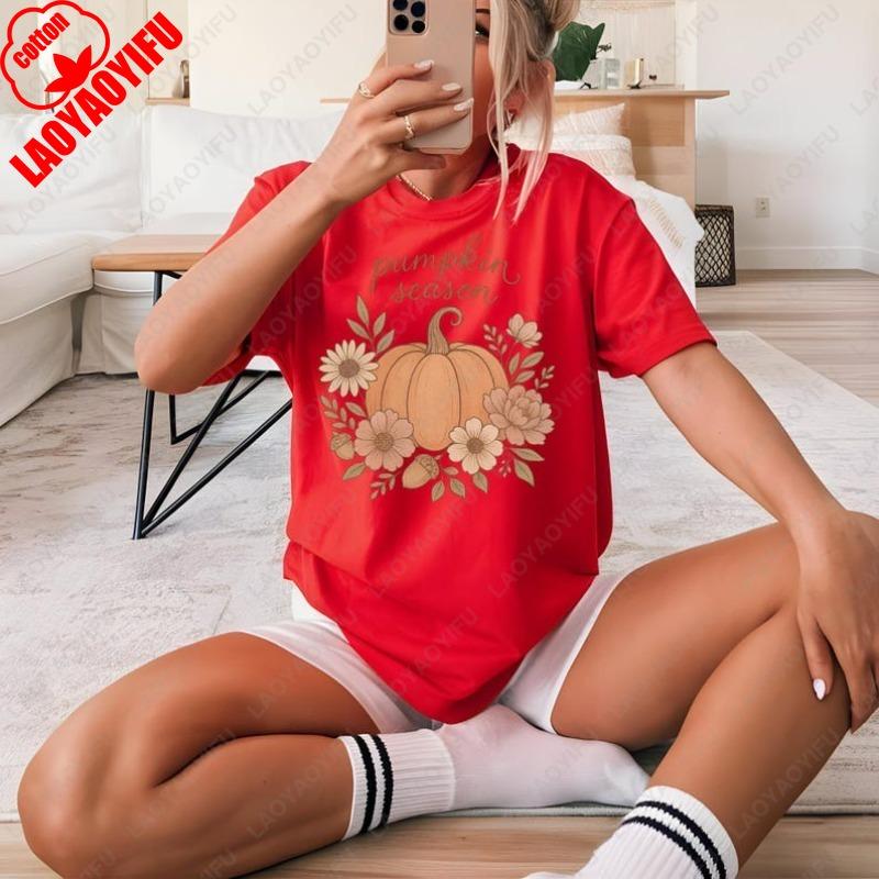 

Хлопковая футболка Тыквенный сезон Осенняя цветочная для женщин мужчин Милые топы на День Благодарения Осенний сезон Уютный наряд Популярные футболки Харадзюку 4XL