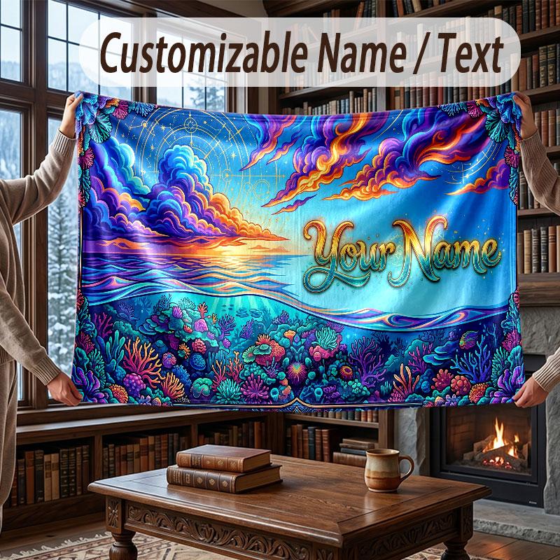 Octopus Sea Life Theme Throw Blanket Custom Name Text Personalized Blanket Soft Cozy Blanket for Home Sofa Bed