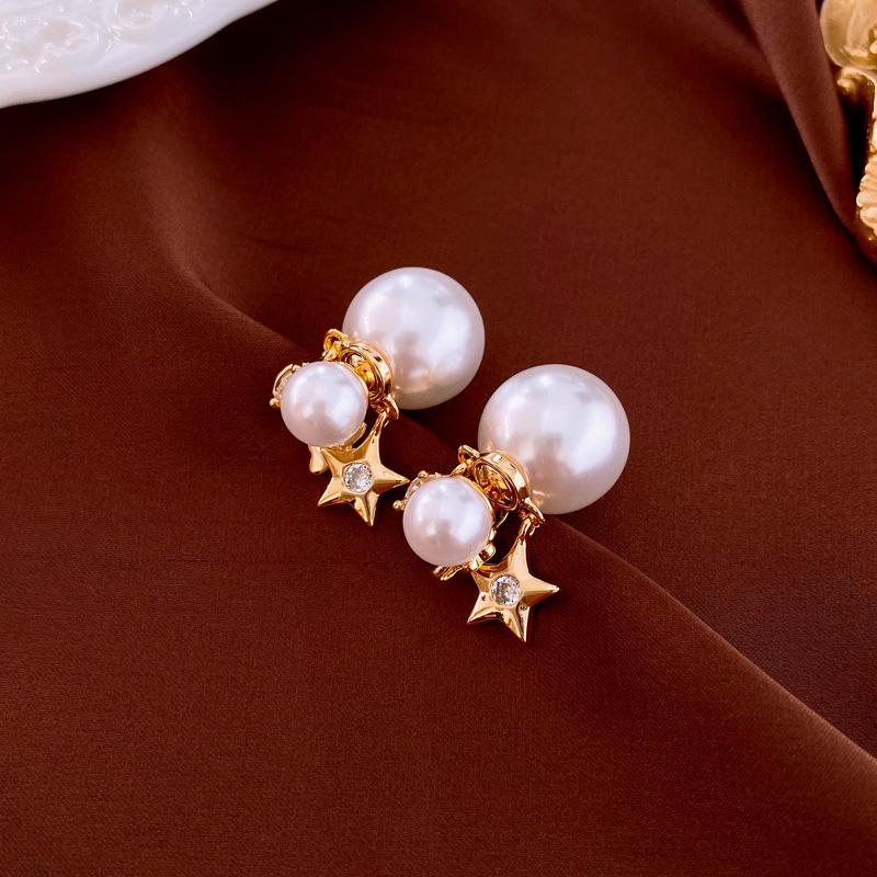 Metallic Star Flower Imitation Pearl Silver Needle Earrings Real Gold Electroplating Temperament Earrings
