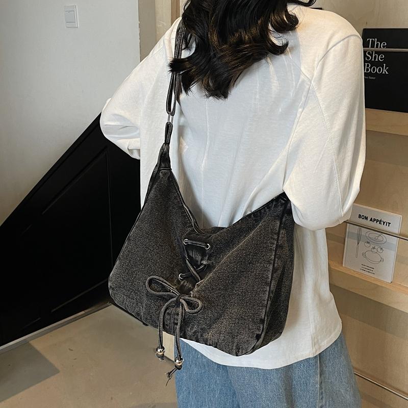 Denim Crossbody Bag Women's Bow Shoulder Bag Commuter Underarm Bag