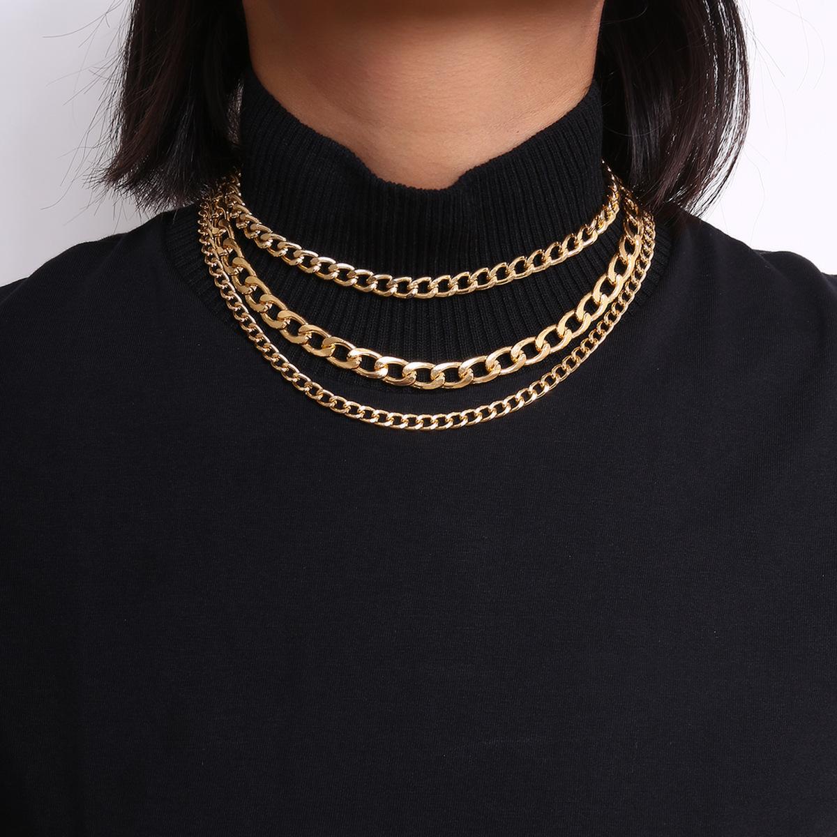 Exaggerated Punk Trend Multi-Layer Necklace, Fashionable Diamond-Encrusted Circle Thick Chain Necklace Women