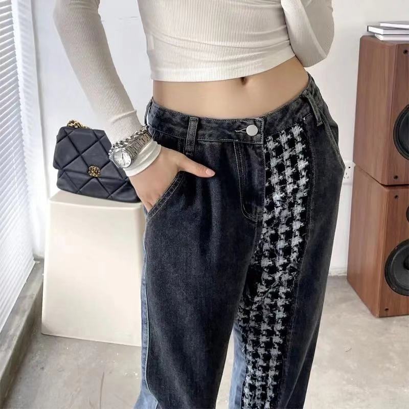 Harajuku Women's Patchwork Straight Leg Jenas with Print Korean Streetwear Hiphop High Waisted Denim Trouser Y2k Style of 90s