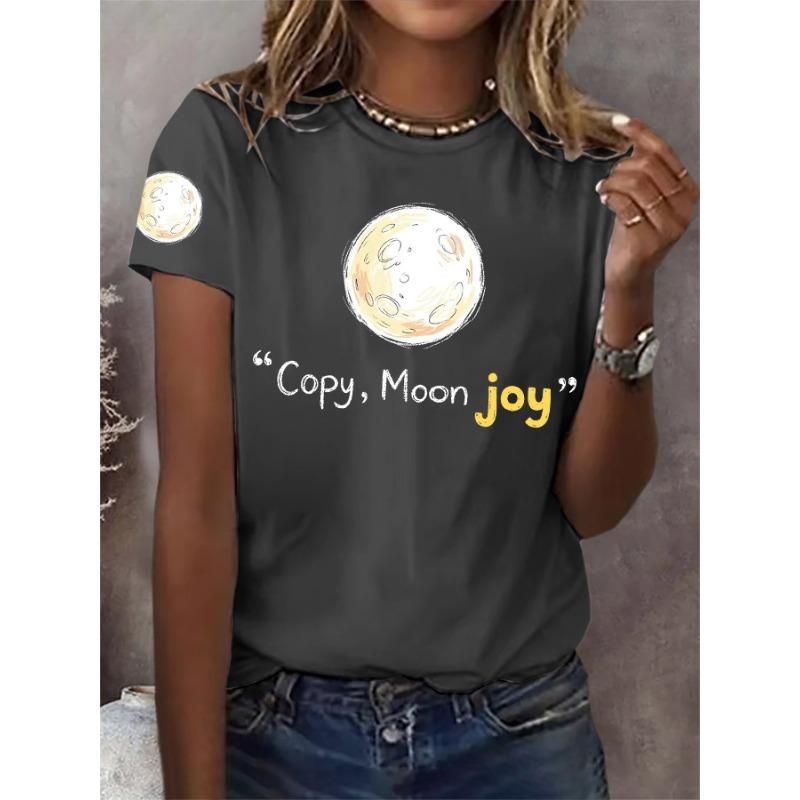 Ilstile Women's Artemis II Copy Moon Joy Print T-Shirts Summer Short Sleeve Tops Casual Round Neck T Shirt Black White Tees