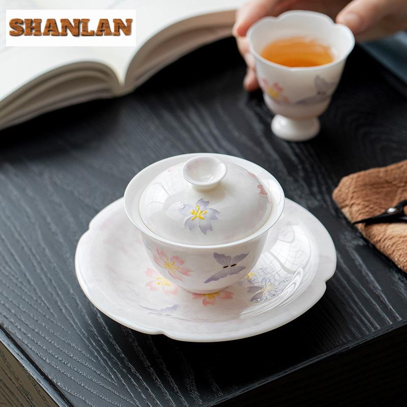 100ml Hand-painted Cherry Weaving Butterfly Gaiwan Vintage Tea Tureen Tea Bowl With Lid Kit Tea Maker Cover Bowl Cha Ornaments