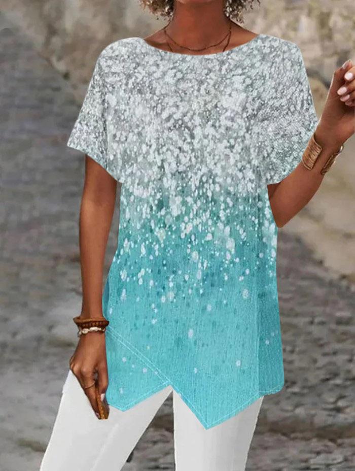 Haut Tunique Ample à Manches Courtes et Imprimé Géométrique Abstrait à Ourlet Irrégulier pour Femme Blouse Décontractée