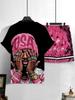 Men's Summer Fashion Figure Letter Print Micro Elastic Breathable Round Neck T-shirt Drawstring Shorts Set Outdoor Streetwear