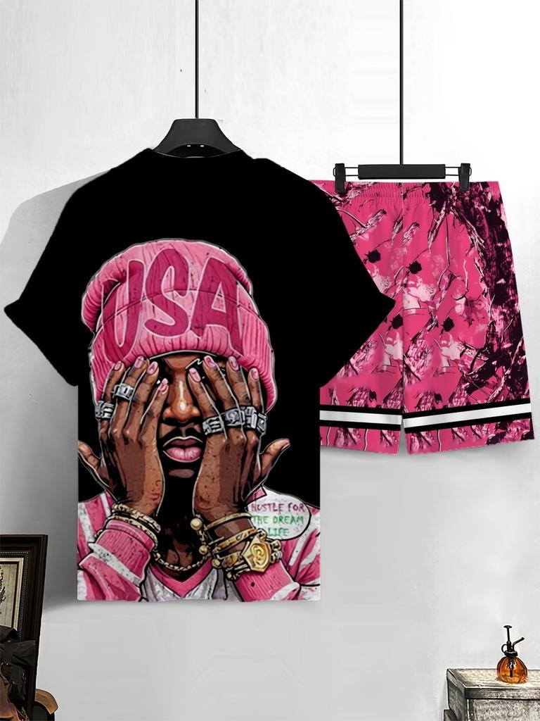 Men's Summer Fashion Figure Letter Print Micro Elastic Breathable Round Neck T-shirt Drawstring Shorts Set Outdoor Streetwear
