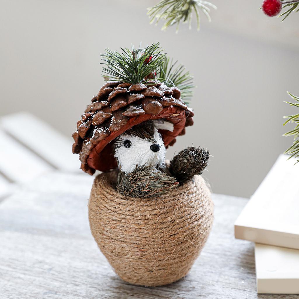 Wooden Hat, Squirrel, Hemp Rope, Sisal Desktop Ornaments, Hand-woven Straw Christmas Tree