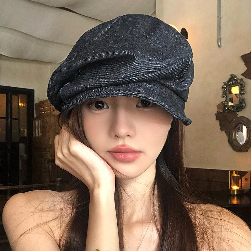 

Japanese-style vintage cotton-linen beret for women, breathable for summer, suitable for large head sizes, makes the face appear smaller, provides темно-синий