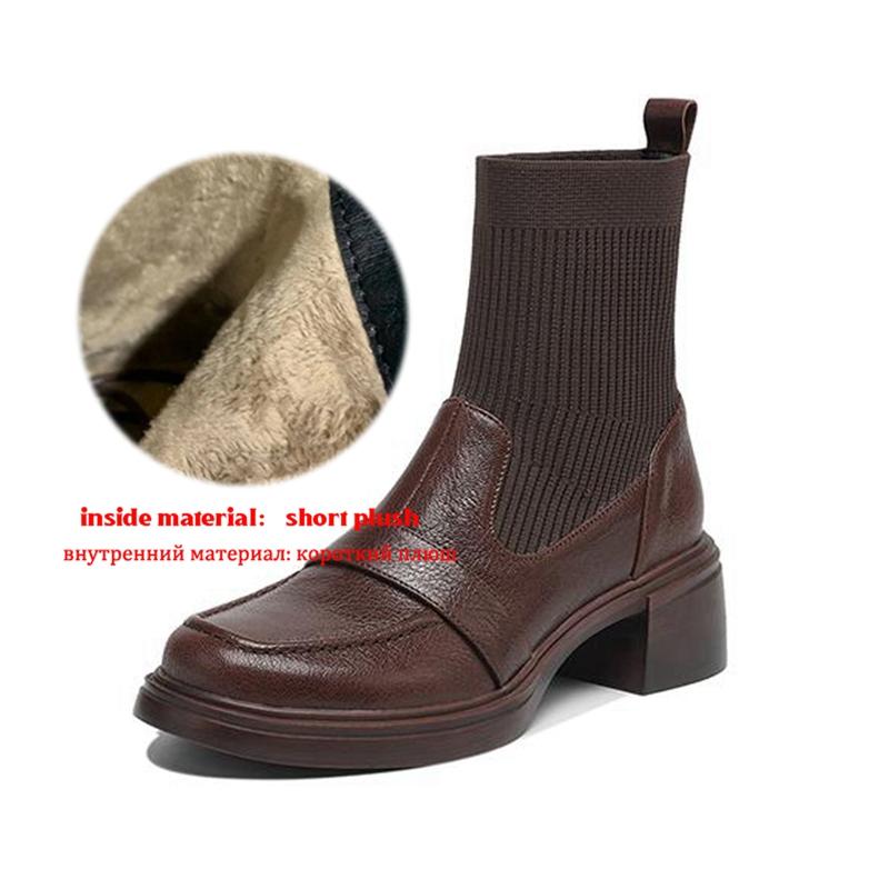 

Krazing Pot Sheepskin Winter Round Toe Modern Boots Med Heels Zipper Women Knitting Stretch Ankle Boots 42