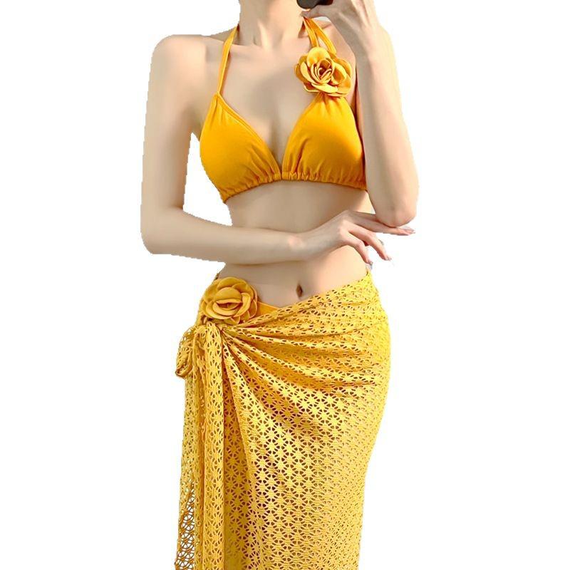 Premium Thai Ginger Yellow Floral Three-Piece Bikini Set for a Slimming and Sexy Island Vacation