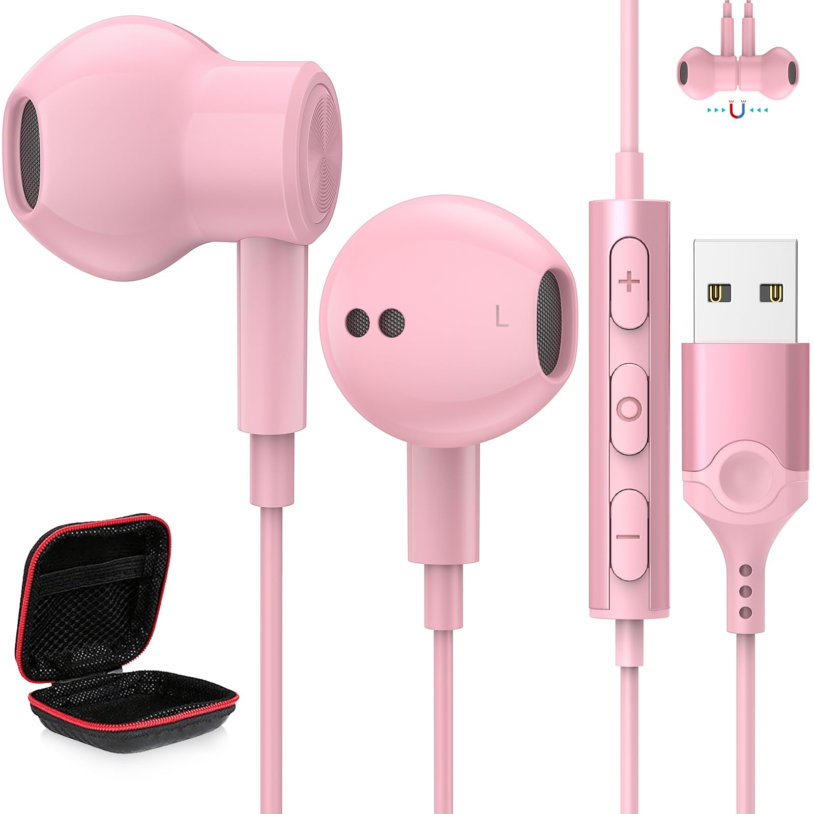 

USB Наушники с ПК USB Проводные HIFI Звук Могут Обеспечить Глубокую Совместимость с Портами, такими как Веб-отключение Звука Магнитный Регулятор Громкости Без Вкладышей Чехол для Хранения Розовый Микрофон, розовый