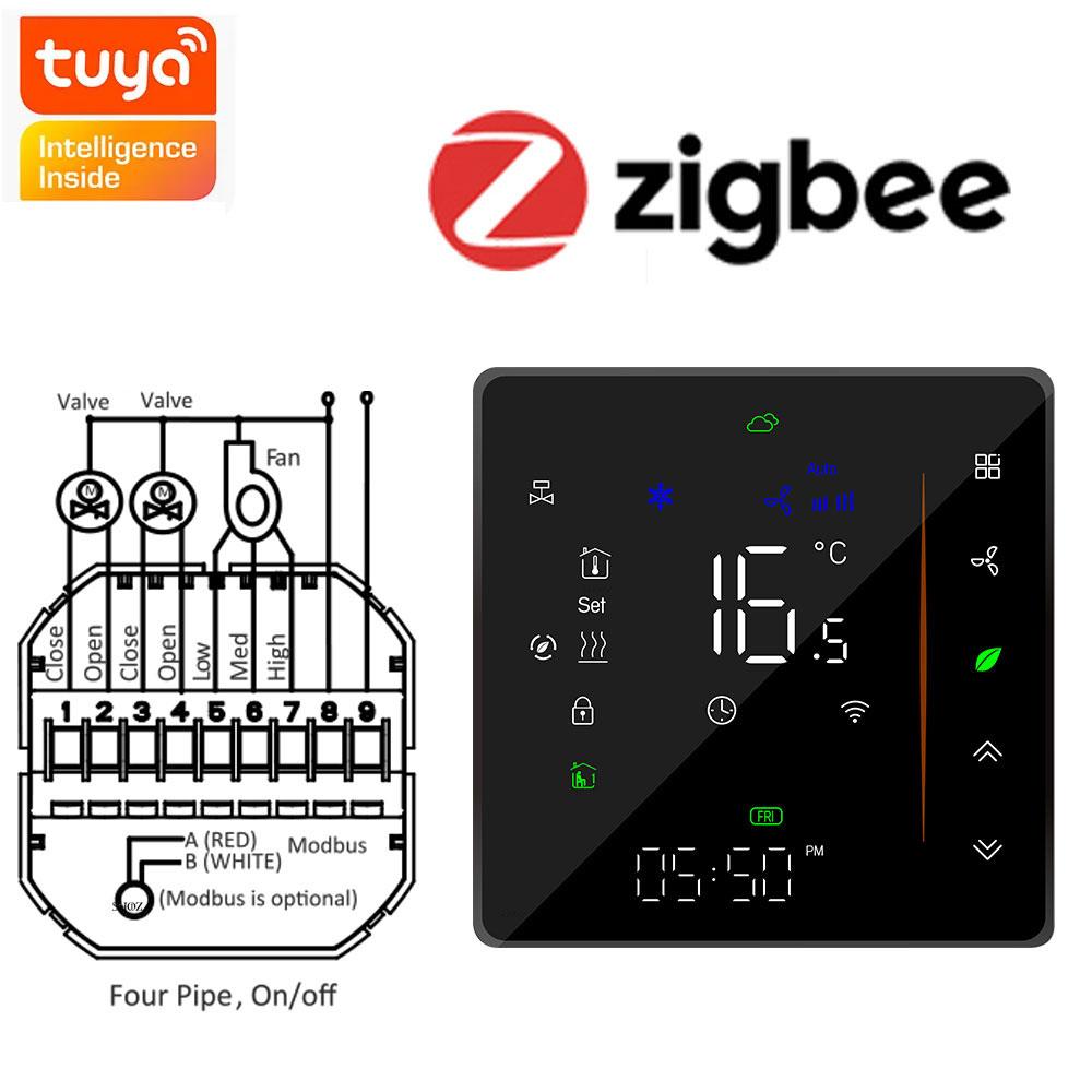 TUYA Zigbee Wi-Fi 2/4 Pipe Fan Coil Room Thermostat - HVAC Temperature Controller For Heating And Cooling 12VAC 24VAC 95-240VAC