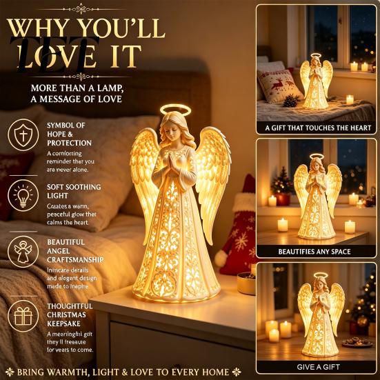 Resin Decorative Night Light Praying Angel Light, Figurine with Warm LED Lights Healing Shadow Craft for Home Decor, Tabletop Ornament Christmas