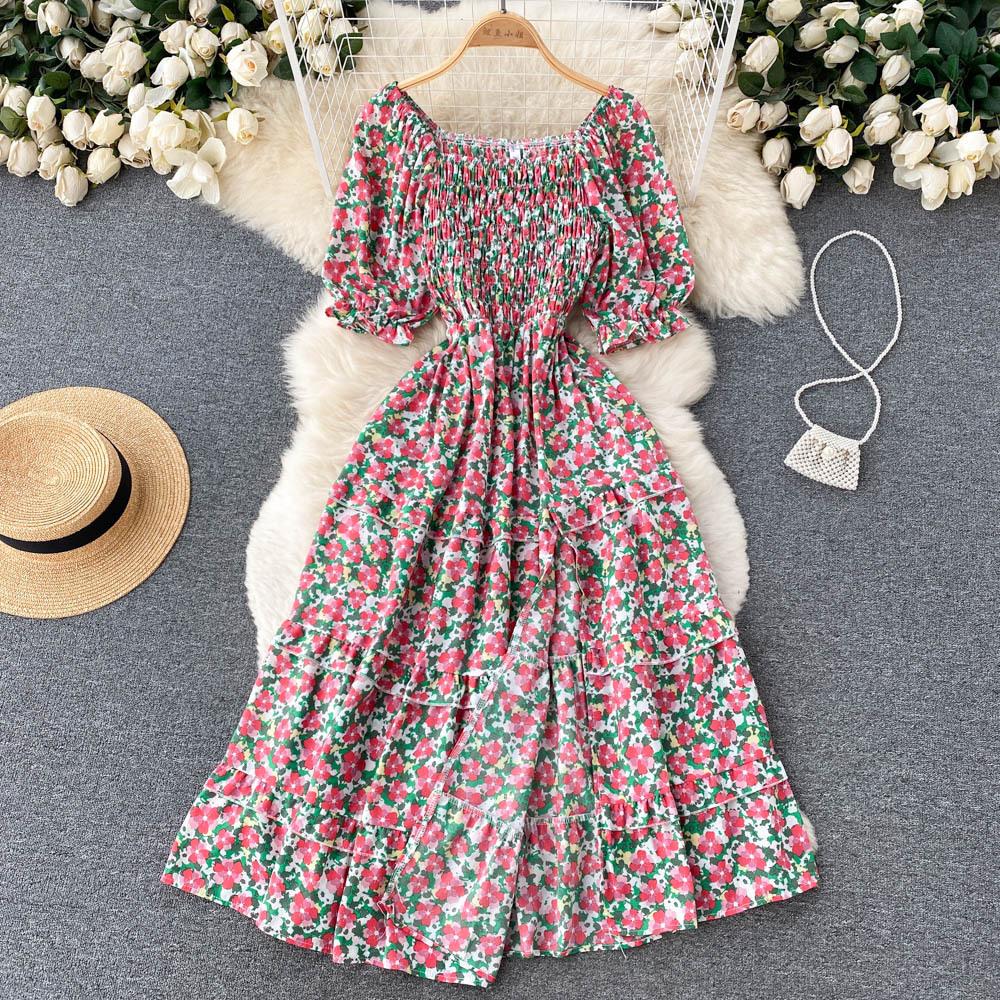 Women's Chic Sweet Slim Square Neck Bubble Sleeve Floral Dress Super Fairy Temperament A-line Dress