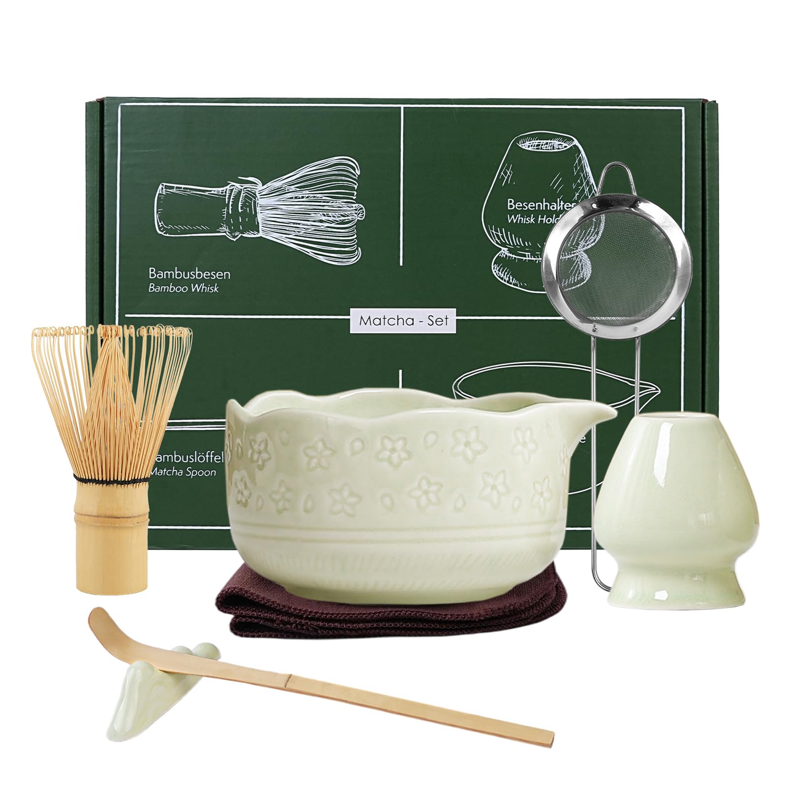 voocye Matcha Tea Ceremony Set with Tea Matcha Whisk Tea Tea Ceremony Tea Tea Tea Ceremony Perfect Gift Set, 7-Piece 100-Standing Whisk, Bowl, Stand,