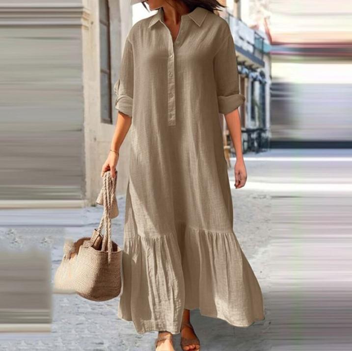 New cotton and linen long irregular dress shirt collar button casual dress S