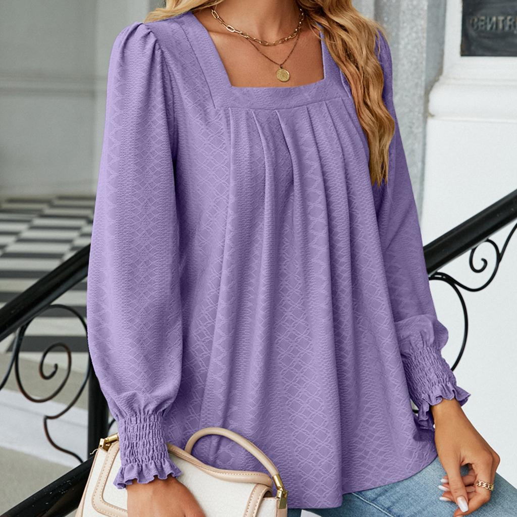 BITCED Autumn/Winter Women's Jacquard Pleated Square Collar Long Sleeve Dovetail Solid Color T-shirt Woman