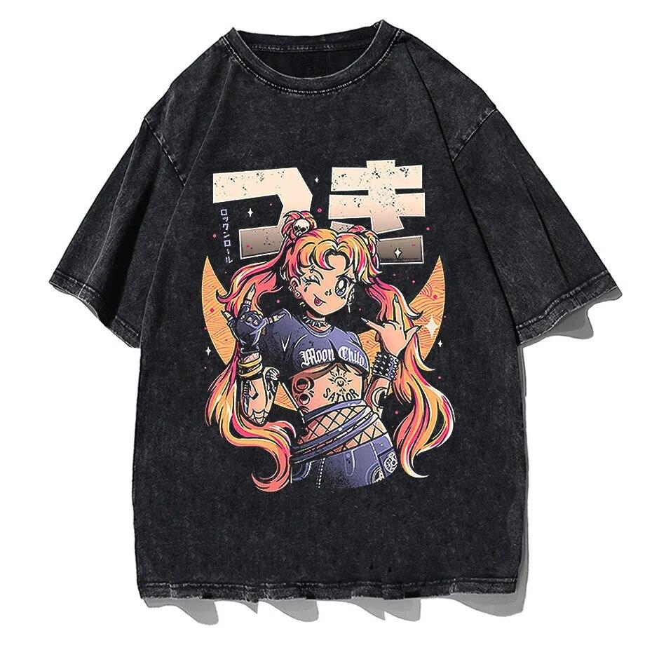 

Hip Hop Streetwear Washed T Shirt Anime Girl Graphic Print T-Shirt Vintage Harajuku Tops Cotton Men Women Short Sleeve T shirt