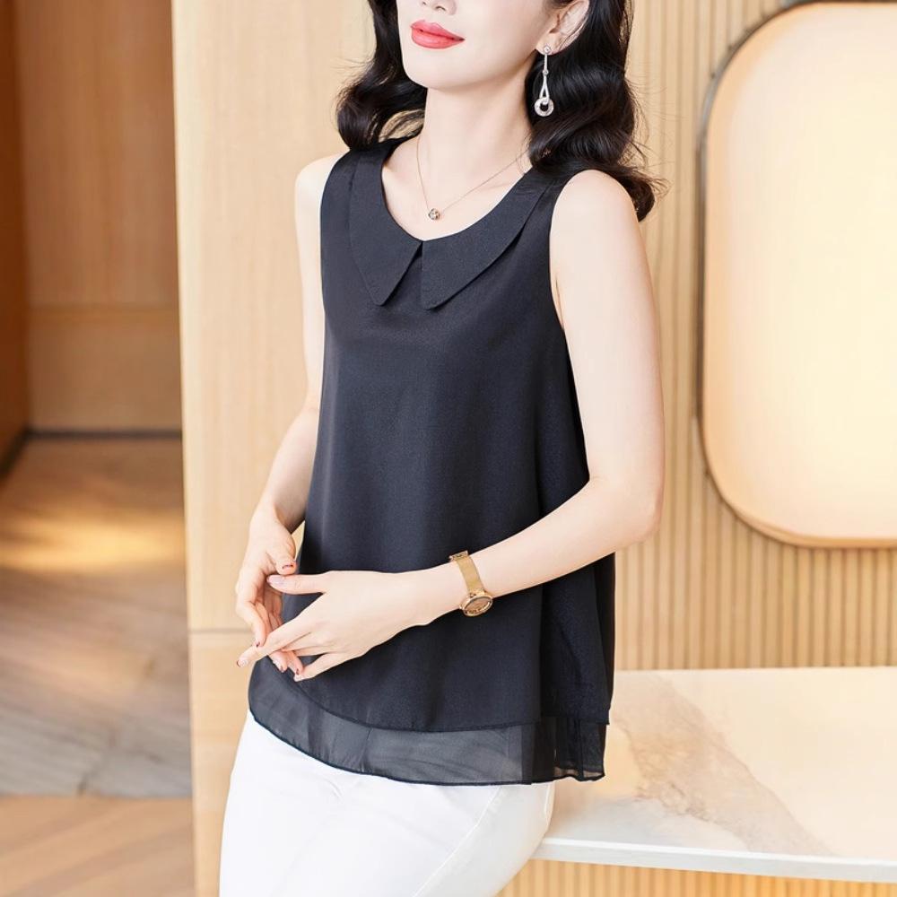 Gray Doll Collar Vest Suspender for Women's Spring New Design Loose Chiffon Belly Sleeveless Top