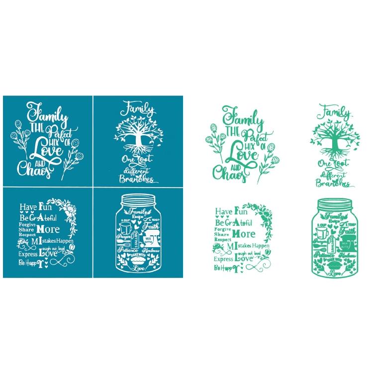 Estênceis de Serigrafia Tema Família 20x20cm Laváveis para Camisetas Artesanais Fabricação de Joias Impressão em Argila Tecido
