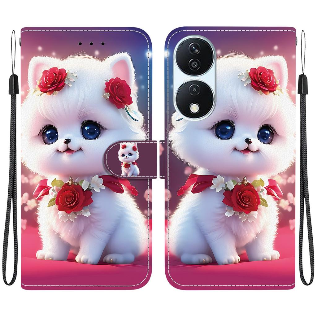 Handgefertigte PU-Leder-Flip-Hülle für Honor X7b Rutschfeste Stoßfeste Hülle mit Handschlaufe & Herz/Rose Katze Designs