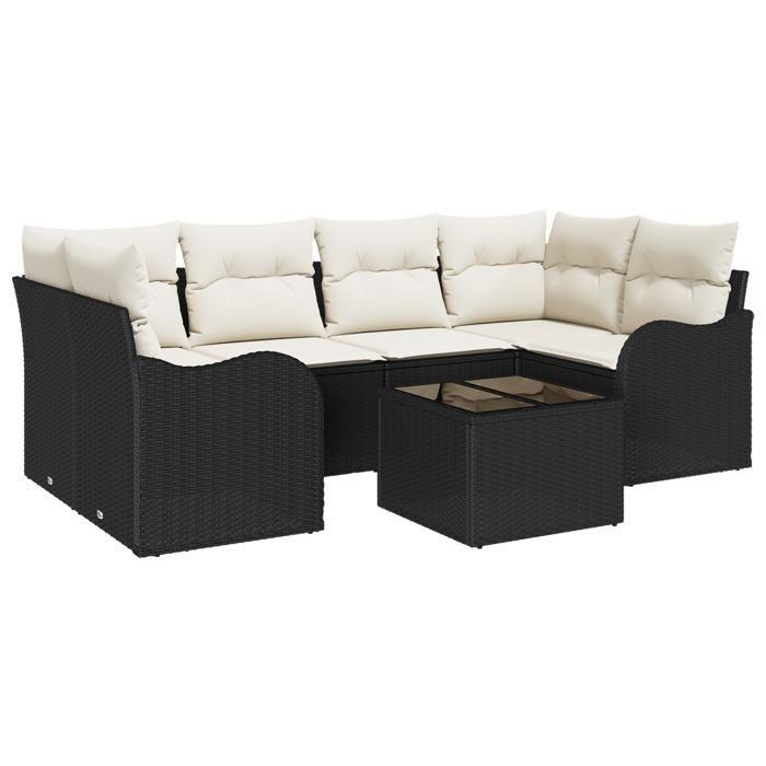 Ensemble de canapé de jardin vidaXL de 7 pièces avec coussins en poly rotin noir, Canapé de jardin 2 places avec coussins 3345597