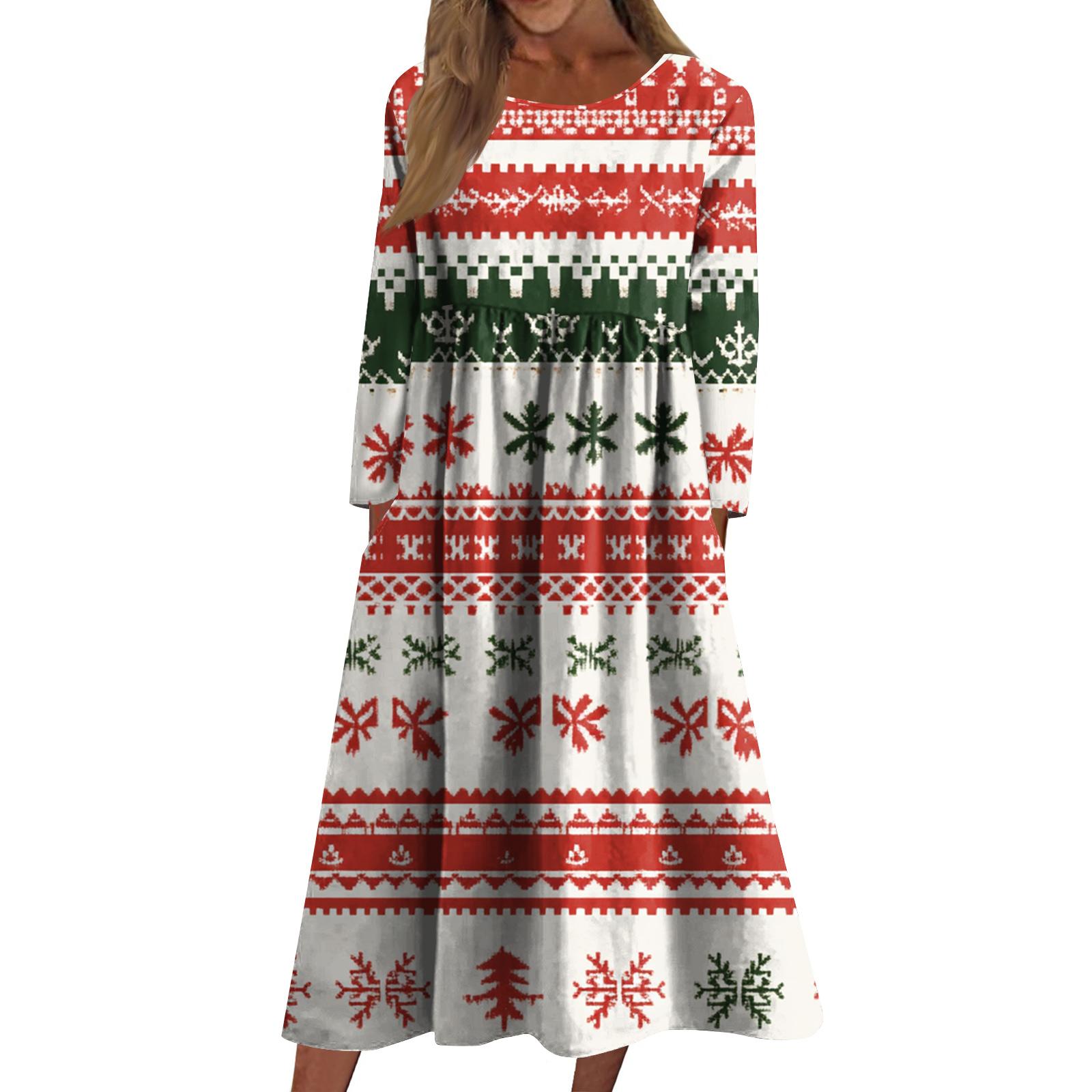 

Женское повседневное платье миди с круглым вырезом и рождественским принтом, платье с длинными рукавами и карманом XL арбуз красный