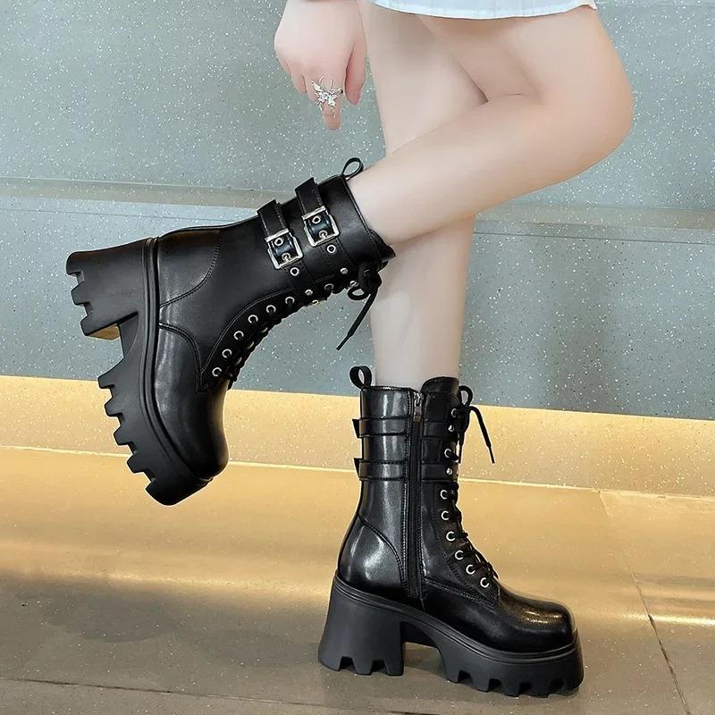 Punk Women Boots Belt Buckle Design Gothic Boots Fashion Mid-Calf Booties Quality Women'S Leather Boots Motorcycle Platform Boot