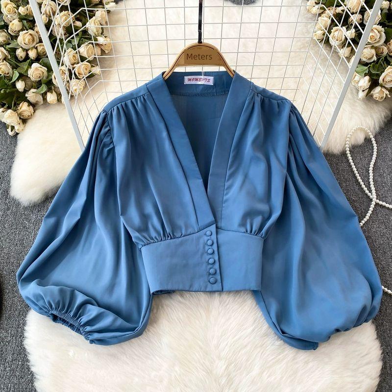 Fashion Lantern Long Sleeve High Waist Exposed Navel Silm Pullover