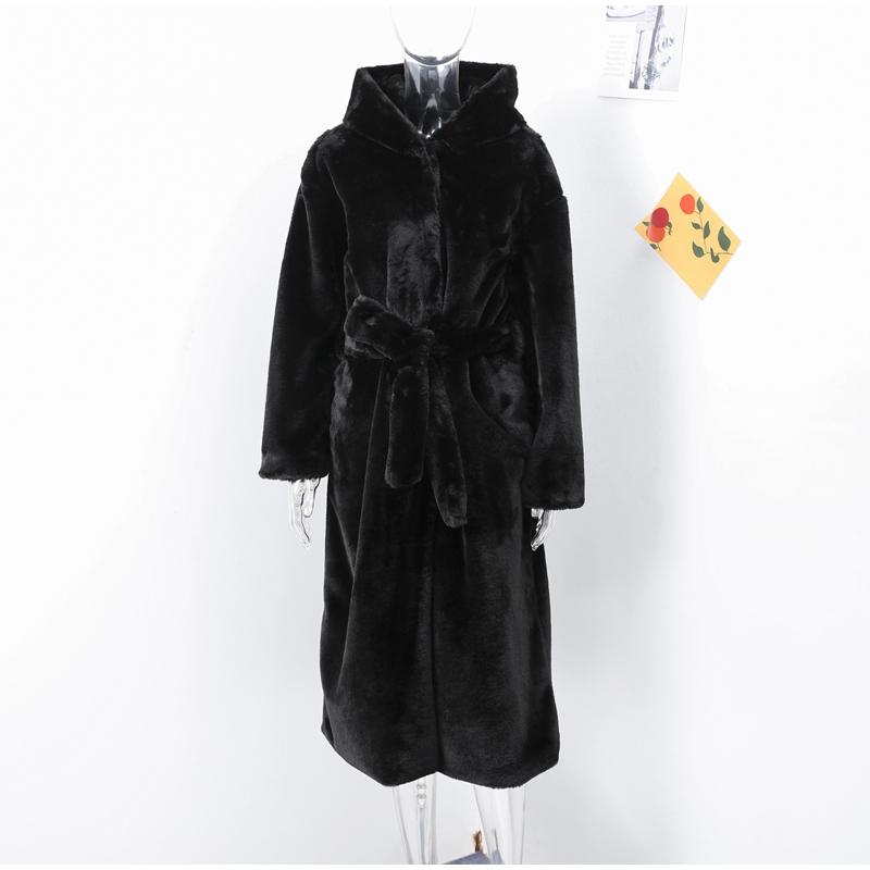 Faux Fur Long Coats Women Hoodies Oversize Long Sleeve Button Lady Elegant Jacket with Belt Winter Warmer Female New Fashion
