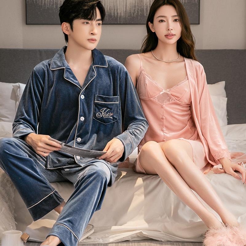 Black golden velvet sexy sex temptation couple pajamas women's 1011 new autumn and winter suspender nightdress nightgown set