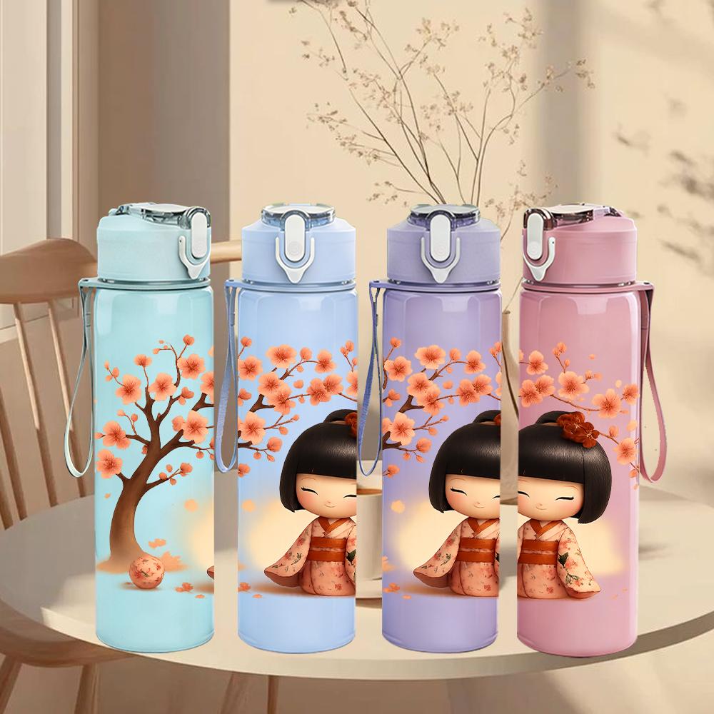 1PC Autumn Tree Little Girl 750ml Color Plastic Sports Water Bottle Leakproof Flip Straw Lid For Sports Office Home Use