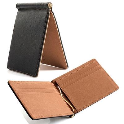 Portefeuille fin en similicuir pour homme, avec pince à billets, couleur contrastée, design simple, bords brunis