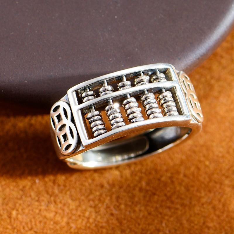 Adjustable Vintage Abacus Ring Men Women Copper Silver-Plated Geometric Statement Jewelry Retro Unisex Finger