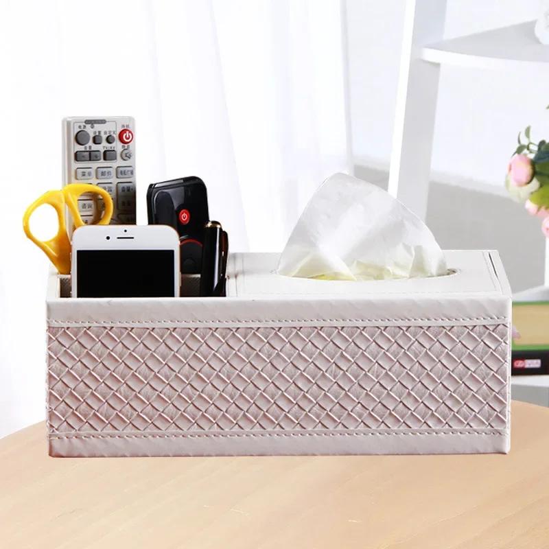 PU Leather Tissue Box Cover Desk Makeup Cosmetic Organizer Remote Controller Phone Holder Home Office Tissue Paper Napkin Holder